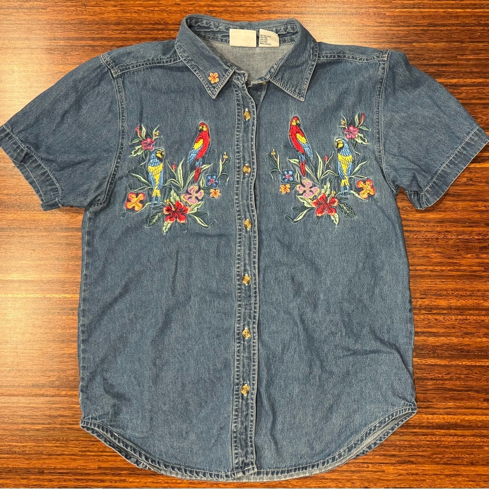VTG 1990s Bobbie Brooks tropical flowers parrots Embroidered Button Up Shirt  M